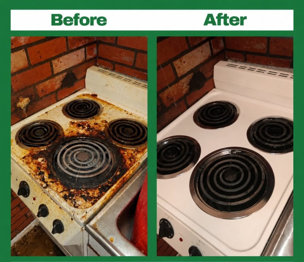 Before and after stovetop cleaning by Rover Cleaning Services Chicago