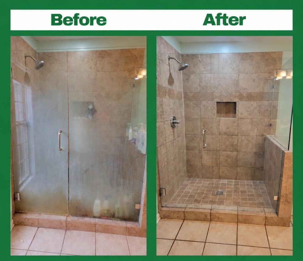 Before and after shower glass cleaning by Rover Cleaning Services Chicago