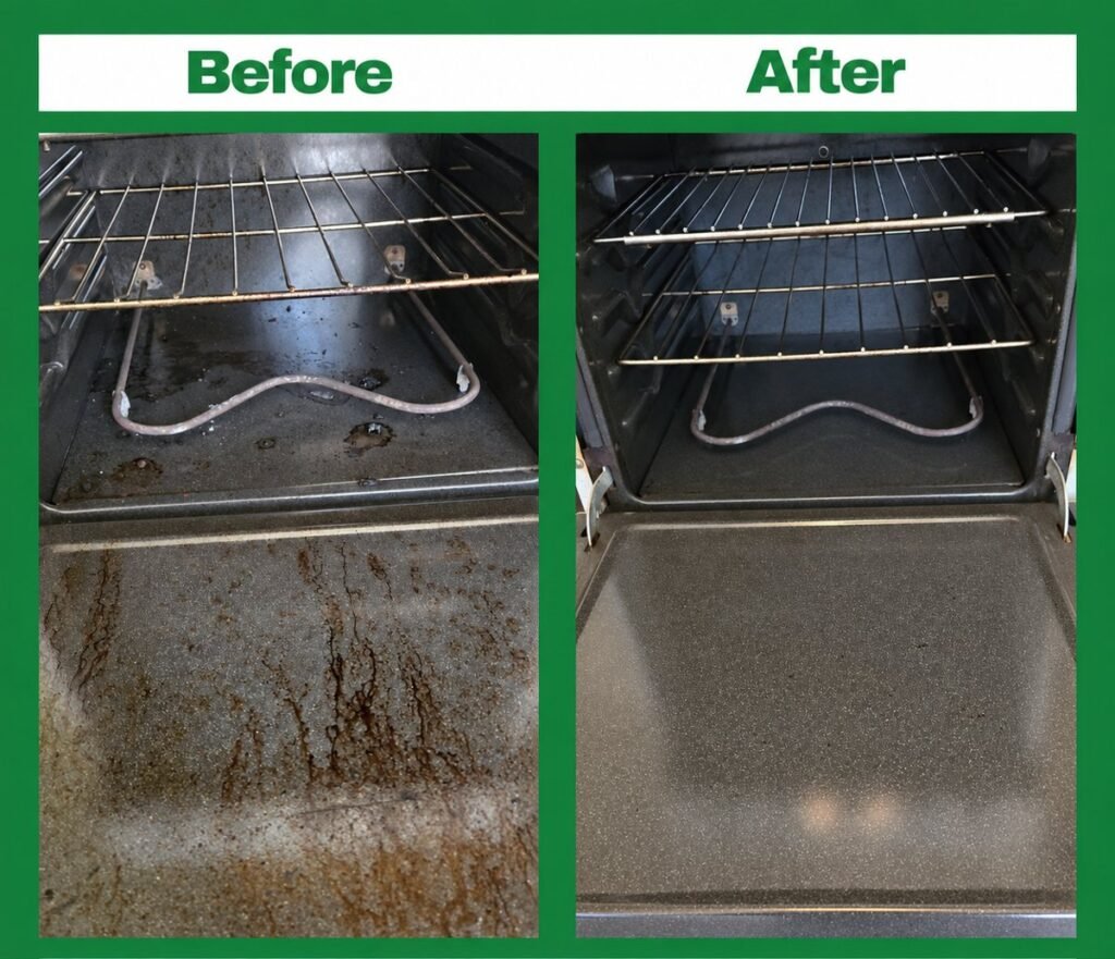 Before and after oven cleaning by Rover Cleaning Services Chicago