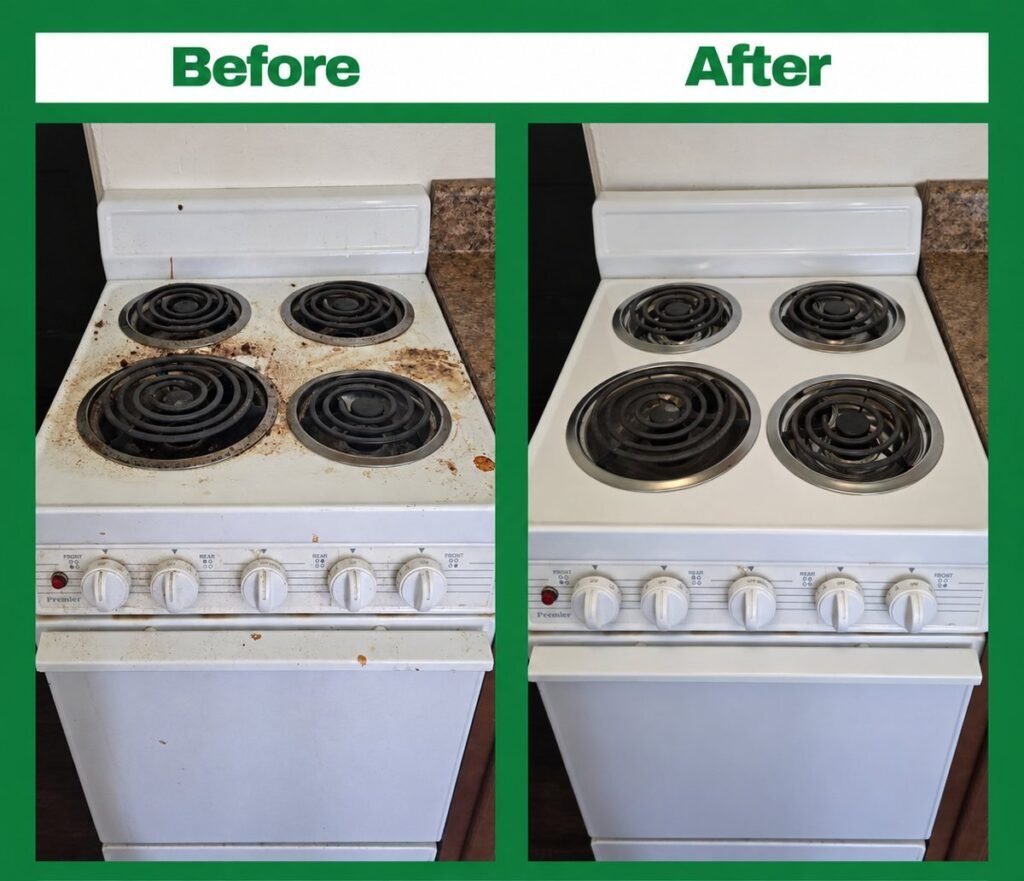 Before and after stovetop cleaning by Rover Cleaning Services Chicago