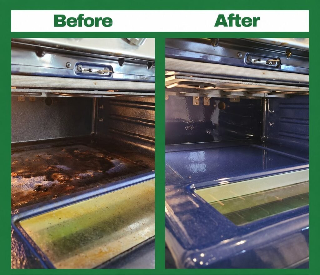Before and after oven cleaning by Rover Cleaning Services Chicago