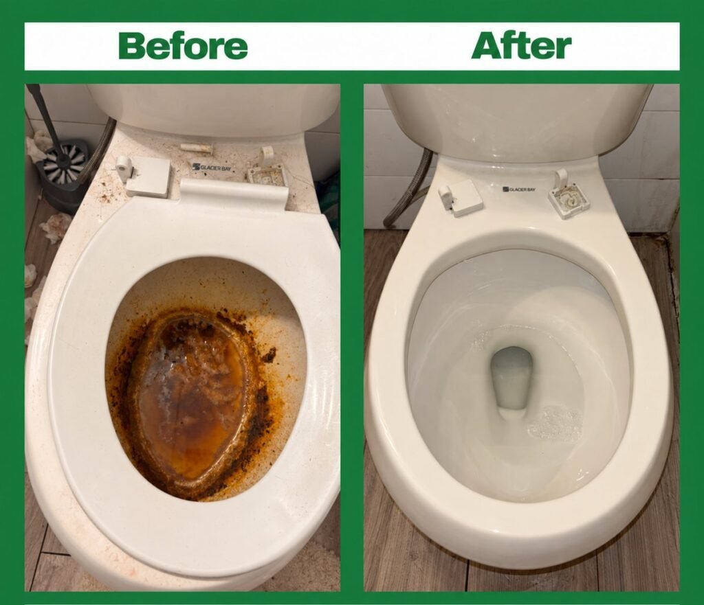 Before and after toilet cleaning by Rover Cleaning Services Chicago