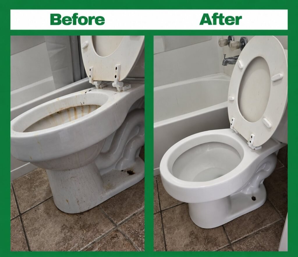 Before and after toilet cleaning by Rover Cleaning Services Chicago