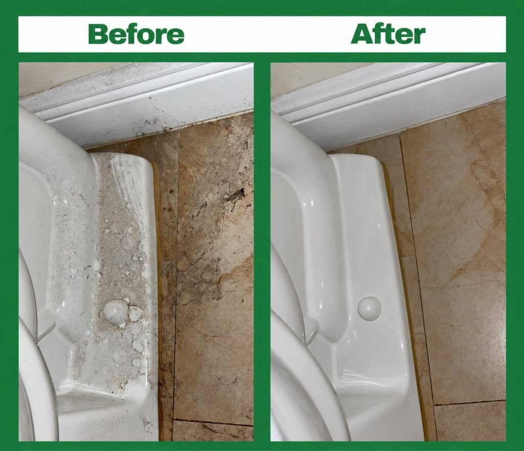 Before and after toilet base cleaning by Rover Cleaning Services Chicago